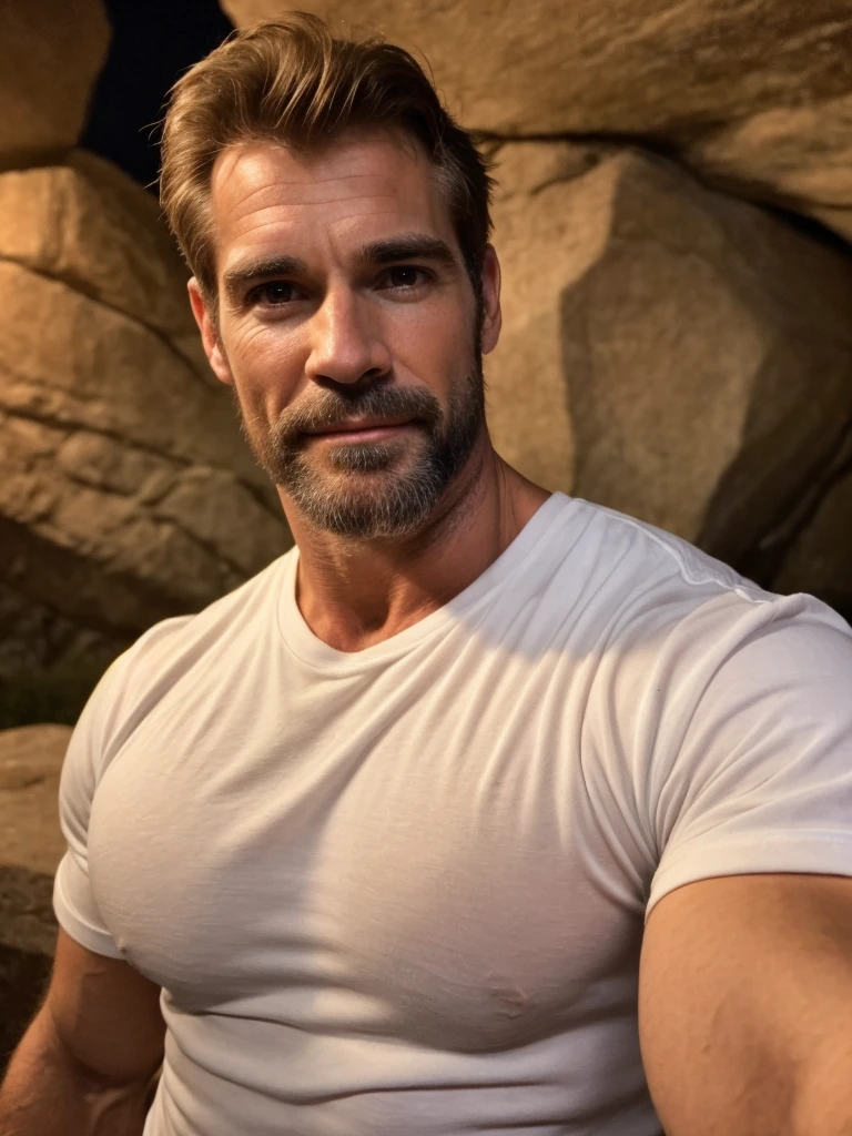 hair, portrait of a ruggedly handsome paladin, muscular, half body, masculine, mature, Retrato de un joven, Muscular very handsome and attractive spanis men, A 40 years old male, Retrato de un joven, Muscular, real, white shirt, night, rock city