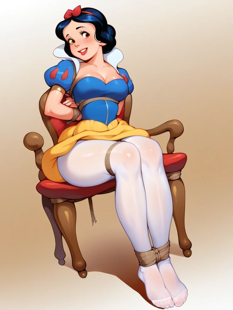 score_9, score_8_up, score_7_up, score_6_up, cute girl, puffy sleeves, dress, yellow short skirt, corset, medium breasts, narrow waist, wide hips, thick thighs, looking at viewer, cartoon, from above, sfw, (((5 toes, red toe nails, tied ankles together, tied arms, Focus full body, Sit on a chair, with no shoes, white pantyhose)))
 SnowWhiteXLP