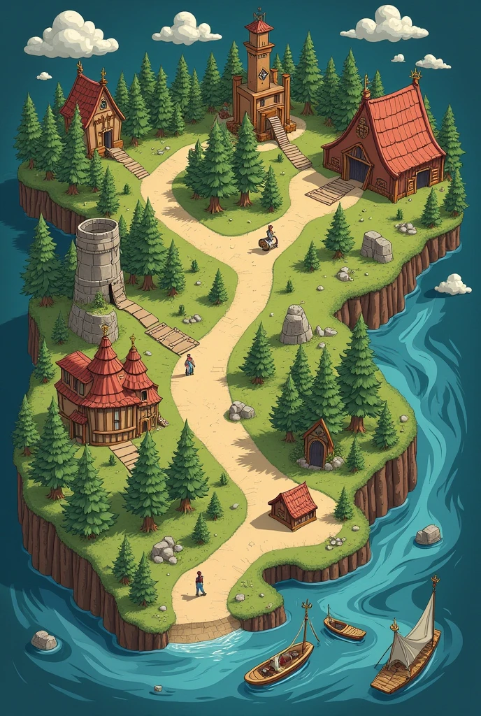 easy drawing creative cute map with the following locations:
1. safe zone
2. tavern
3. old city
4. mayor's tent
5. cave of usurpers
6. forgotten dungeon 
7. mermaid's lair
8. whispering forest
9. river of sorrows
10. uncharted portal