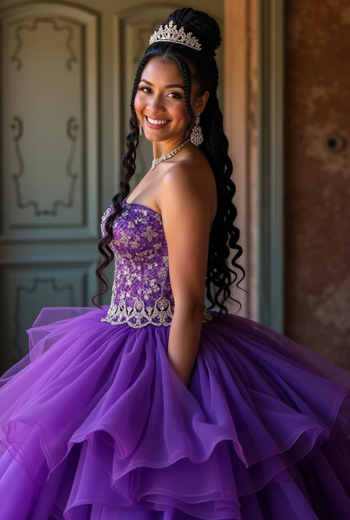 Photos of Quinceañeras with African braids and purple dresses