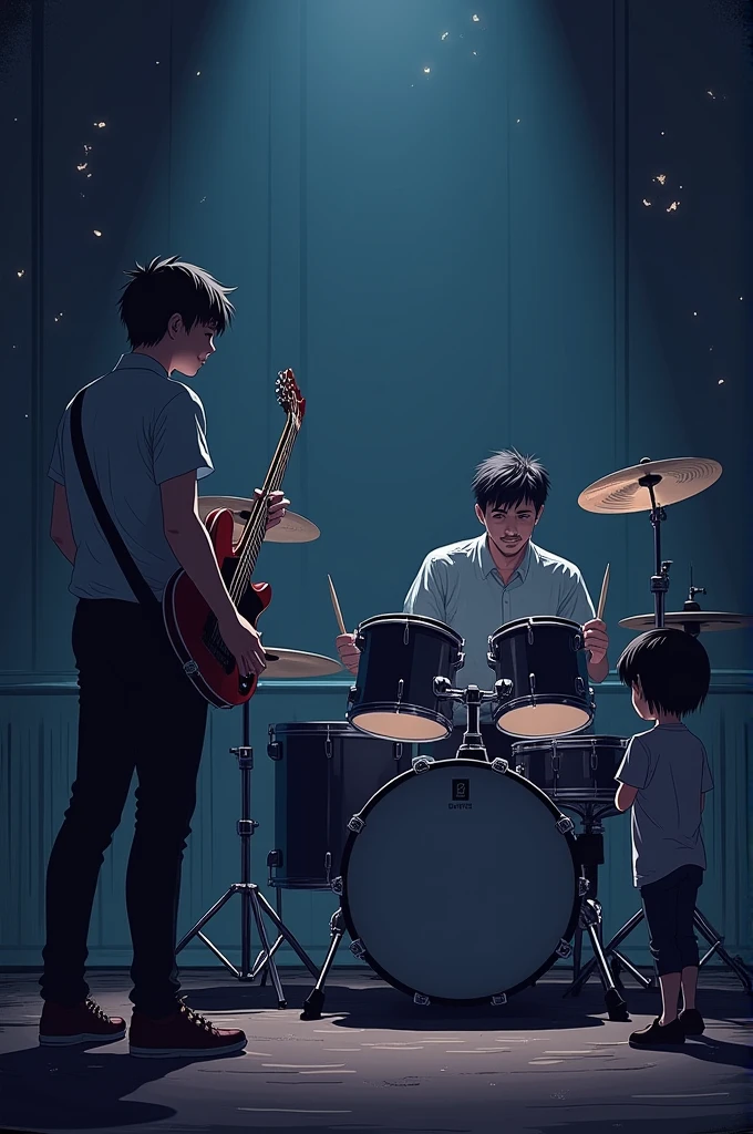 digital drawing of a man playing drums and another playing guitar and a girl watching. dark anime style