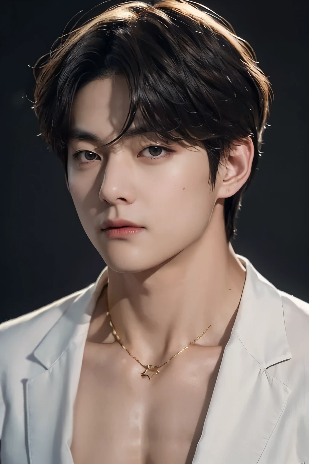 a kim taehyung cosplaying the character ghost from a call of duty video game, god aura, muscular man, shirtless, wears tactical gear, black hair, handsome man, realistic man, high definition, black background with golden aura, Close up photos, kim taehyung bts, beautiful and fit body, god aura shining behind him
