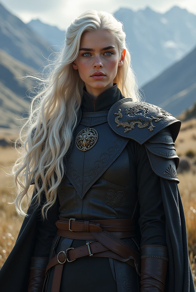 Young warrior of the Targaryen family, similar to Daemon with long platinum hair, no beard and violet eyes