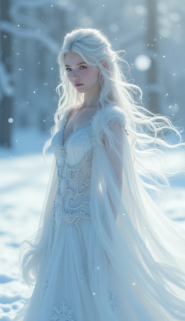 A vast snowy field, Goddess of the Eyes, high resolution, Beautiful Snow Maiden, Flower of the eye, Snow flurries are fluttering, 8k
