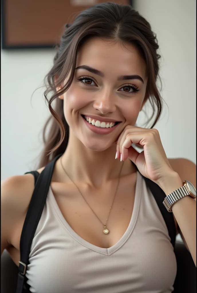 There is a beautiful smiling woman sitting at a table with a watch on her wrist, pose casual, sitting at a table, lorena avarez, She's sitting casually, Carla Ortiz, ela tem cerca de 30 years de idade, taken in the early 2020s, sitting at a table cor de mocha, fernanda suarez, Casual, 30 years, cool appearance, Photographyrrealist, Photography, first work, realist, realism, Rendering, high contrast, Digital art, fotográficorealist, trending on Artstation 8k HD, High Definition, detailed, realist, detailed, skin texture, hiperdetailed, Textura de piel realist, Best Quality, ultra high resolution, (Photographyrrealist: 1.4), High resolution, detailed, Photography crua, sharp resolution, Nikon D850 Movies, Photography de stock 4, F1 Lens for Kodak Portra 400 Camera.6, textura hiperrealist, dramatic lighting, Tendencia poco realist en Artstation Cinestill 800, ..raw. Directed by: Lee Jeffries, beautiful face, perfect face, natural lighting,