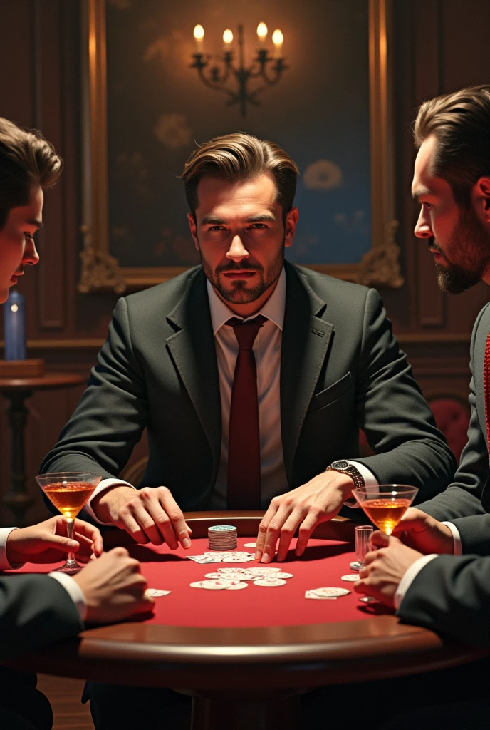 Man gambling with drinks at table with friends



