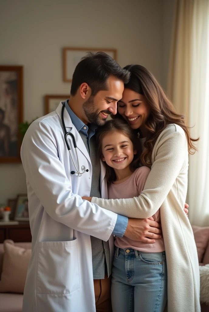 A doctor hugging his daughter and his beautician wife