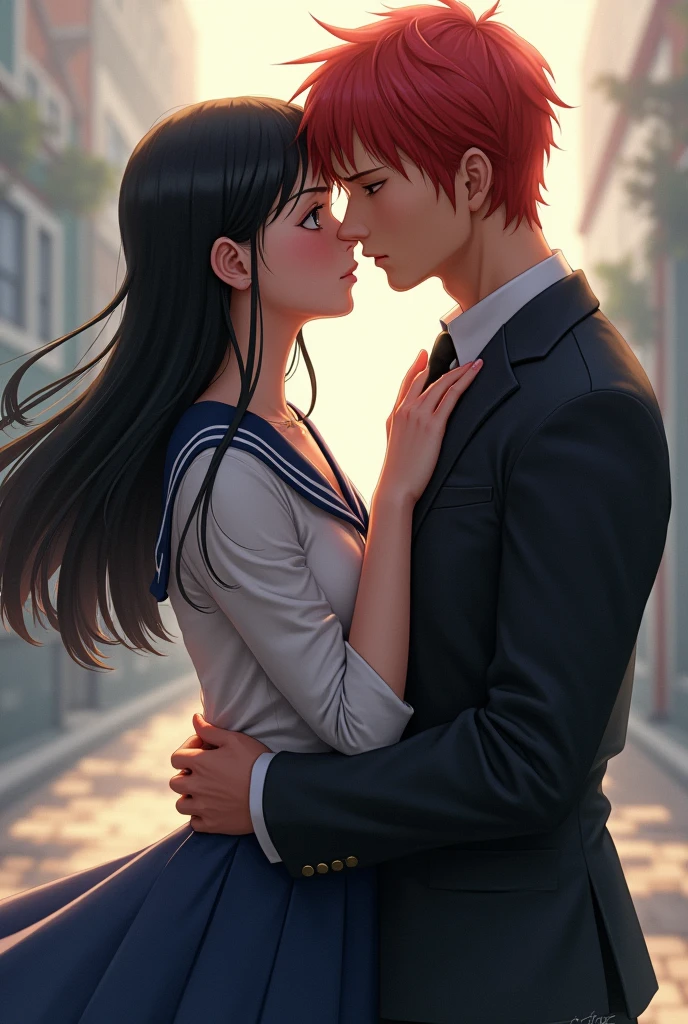 Crie uma imagem de one piece, of a girl, long straight hair, the color of black hair, in a school uniform, kissing a man, red haired