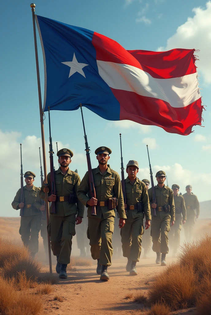 Flag of Honduras and soldiers walking 