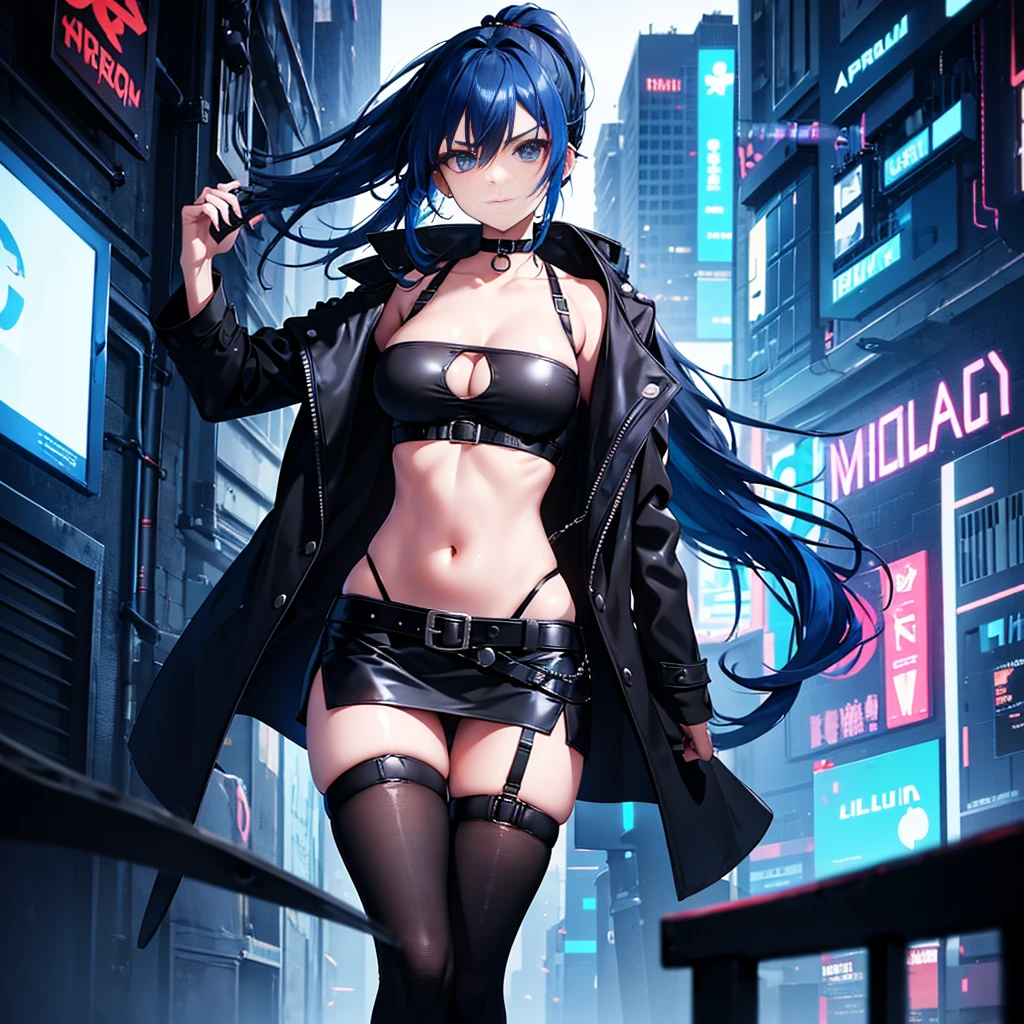 1girl, solo, long hair, breasts, looking at viewer, bangs, blue eyes, skirt, large breasts, thighhighs, long sleeves, navel, cleavage, hair between eyes, closed mouth, underwear, blue hair, standing, collarbone, panties, full body, ponytail, red hair, multicolored hair, boots, open clothes, shoes, choker, midriff, belt, black thighhighs, indoors, miniskirt, black skirt, stomach, black footwear, two-tone hair, streaked hair, coat, crop top, v-shaped eyebrows, thigh strap, ass visible through thighs, black choker, pantyshot, pencil skirt, black belt, open coat, black coat, taut clothes, tube top, with the word "Kali Linux" written on her outfit, servers and computers are visible in the background in a cyberpunk-style environment, featuring neon lights, futuristic buildings, and a high-tech urban atmosphere.