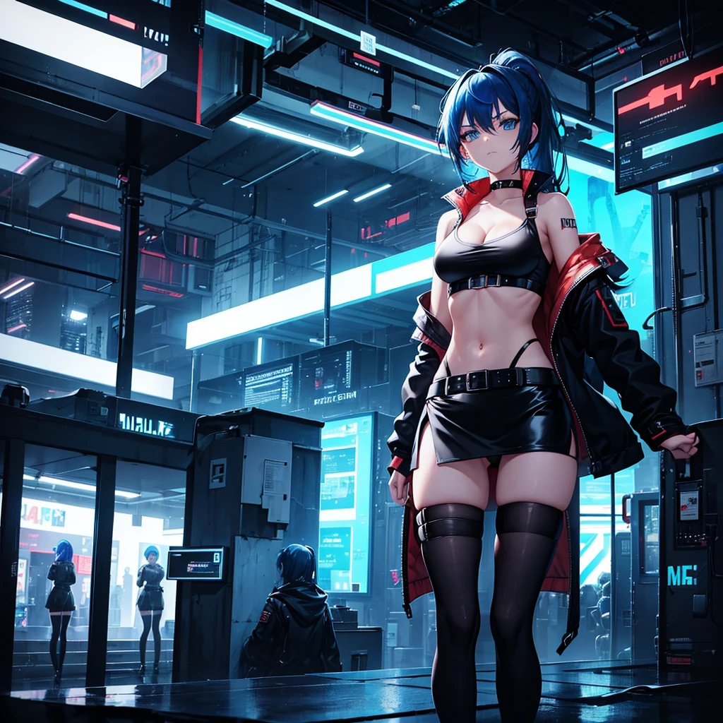 1girl, solo, long hair, breasts, looking at viewer, bangs, blue eyes, skirt, large breasts, thighhighs, long sleeves, navel, cleavage, hair between eyes, closed mouth, underwear, blue hair, standing, collarbone, panties, full body, ponytail, red hair, multicolored hair, boots, open clothes, shoes, choker, midriff, belt, black thighhighs, indoors, miniskirt, black skirt, stomach, black footwear, two-tone hair, streaked hair, coat, crop top, v-shaped eyebrows, thigh strap, ass visible through thighs, black choker, pantyshot, pencil skirt, black belt, open coat, black coat, taut clothes, tube top, with the word "Kali Linux" written on her outfit, servers and computers are visible in the background in a cyberpunk-style environment, featuring neon lights, futuristic buildings, and a high-tech urban atmosphere.