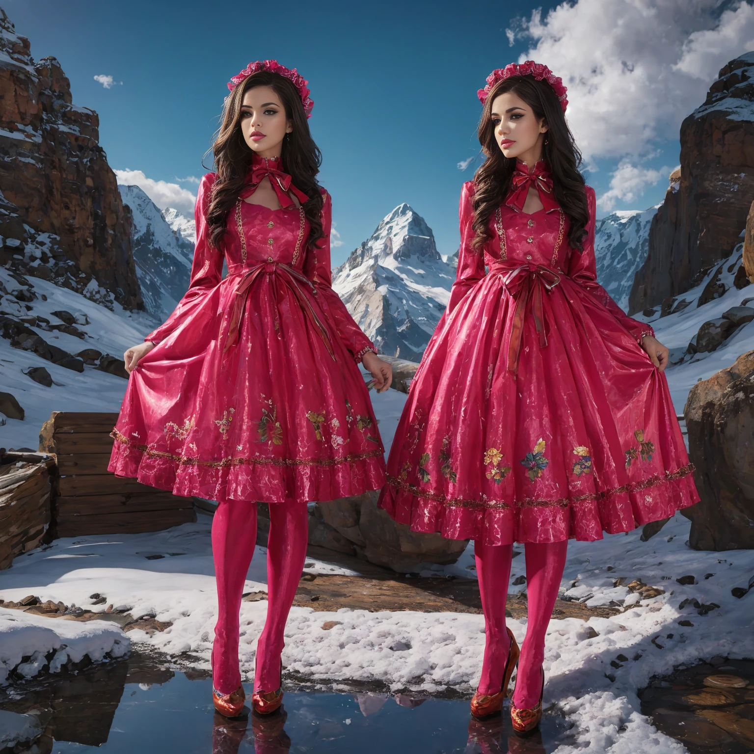 multicolored，Model figure, long-legged woman, A woman in a luxurious and elaborate lolita dress, wearing lolita mary jane shoes with ornate details, patterned tights, standing on a snowy mountain, with reflective skin and reflective clothing, venusbody, full body shot, ray tracing, reflection light, chiaroscuro, UHD, masterpiece, anatomically correct, textured skin, super detail, high quality, 4K, highres