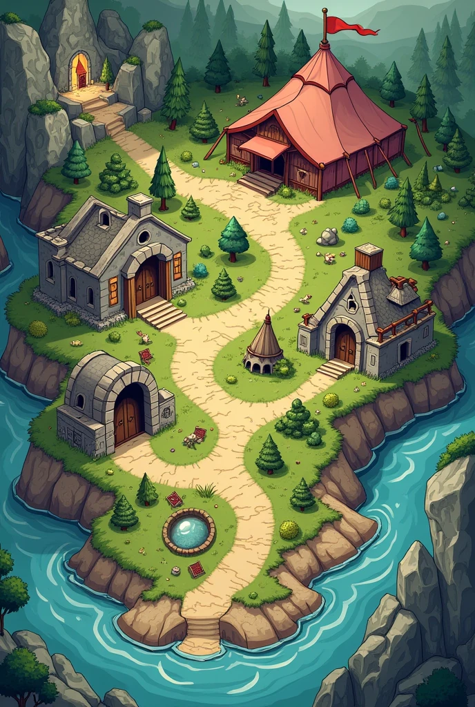 easy drawing creative cute map with the following locations:
1. safe zone
2. tavern
3. old city
4. mayor's tent
5. cave of usurpers
6. forgotten dungeon
7. mermaid's lair
8. whispering forest
9. river of sorrows
10. uncharted portal