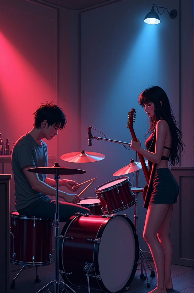 digital drawing of a man playing drums and another playing guitar and a hot woman watching. dark anime style