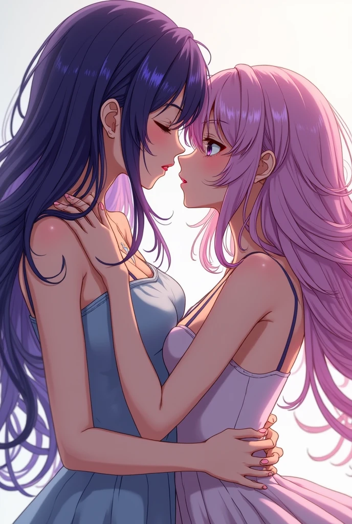 girl with colorful hair, thin and white, French kissing with another girl with purple hair with black highlights, thin and white, anime styling.