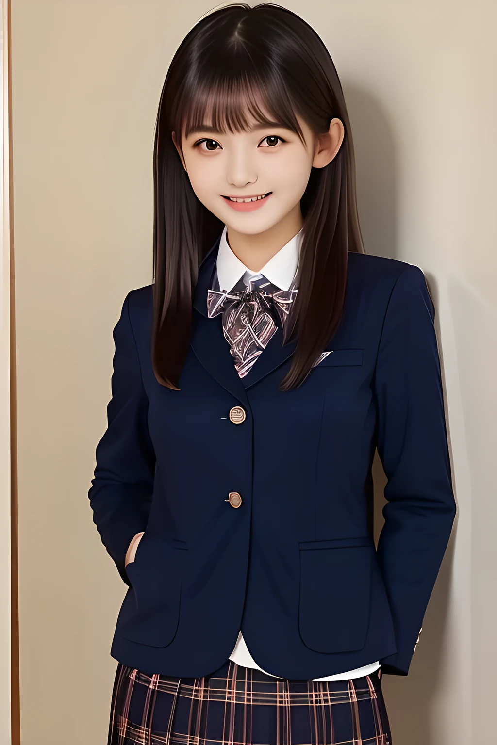 (highest quality, masterpiece, high resolution:1.2), 4K, (Photo quality well detailed white white white face: 1.2), geometry, (14 yo cute girly Japanese sensitive weak girl with very detailed graceful cute smiling face: 1.5), Laughing cutely, (Japanese school girly navy-colored blazer uniform: 1.4), (blue expensive pleated checkered school skirt inside the blazer: 1.6), (big sharp breast: 1.3), (Dark red glossy school ribbon on the breast: 1.0), (Extremely laughing cheeks: 1.0), (Beautiful pretty large laughing cute cute cute eyes with detailed and balanced well: 1.4), (Double eyelids: 1.0), (Long bottom eyelashes: 1.2), (Glossy very wet lips: 1.0), (Super-straight hair, extremely very long hair which reaches her waist: 1.3), (plain light orange-colored wall paper with cute white heart marks)