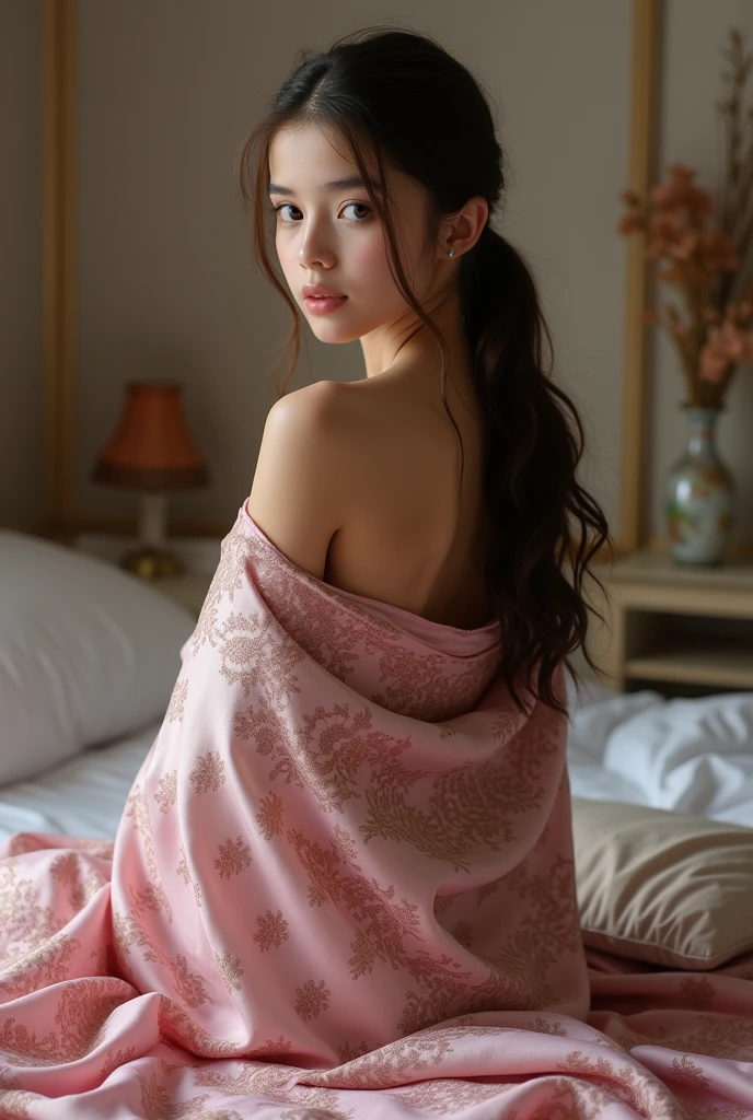 Dark brown hair, Light brown eyes, skinny  nude teen, indoor,huge butt,round sized breasts,Open legs, Smooth knees, ponytail, longhair, bedsheet,silk pink and silver design printed long shawl as hijab, from royal luxury silk same design printed bed, 4k, masterpiece, Attention to detail, high quality, High resolution, realistic full Hq 