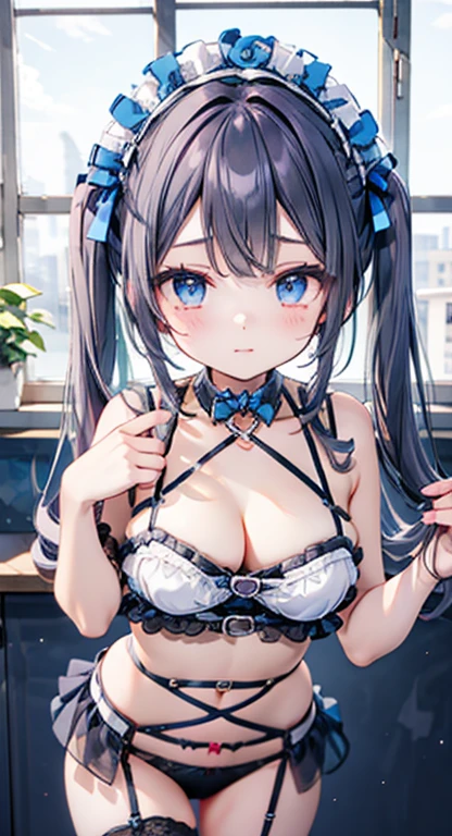 cute,Highest quality,Woman wearing lace-limited lingerie,,Large Breasts,Twin tails,bonnet,Blue Eyes,Shy face,