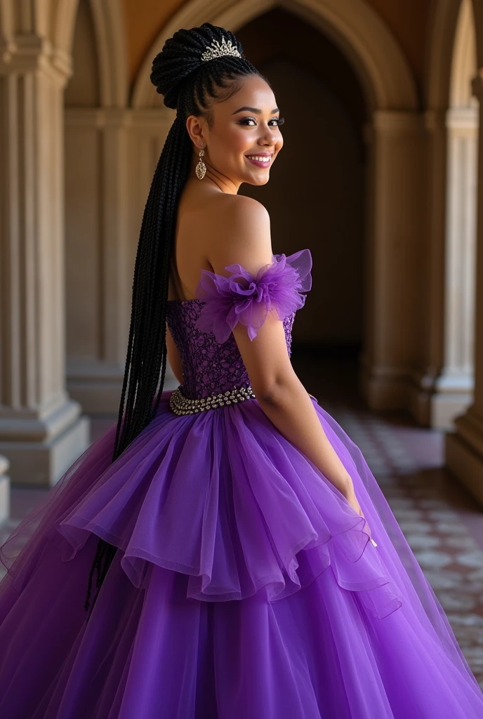 Photos of Quinceañeras with African braids and purple dresses