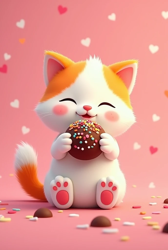 White and orange 2D animation kitten, your paws are white, her orange ears and her pink snout, its tail is orange, He is sitting on a pink background full of hearts holding a beautiful brigadeiro full of colorful sprinkles