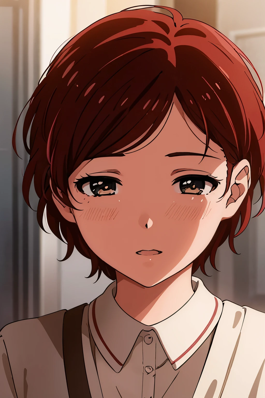 1girl, MomoeSawakiR4, solo, blush, short brown hair, open mouth, closed eyes, mole under eye, detailed face, beautiful detailed eyes, beautiful detailed lips, extremely detailed face, longeyelashes, cinematic lighting, warm color palette, photorealistic, 8k, best quality, masterpiece, ultra-detailed