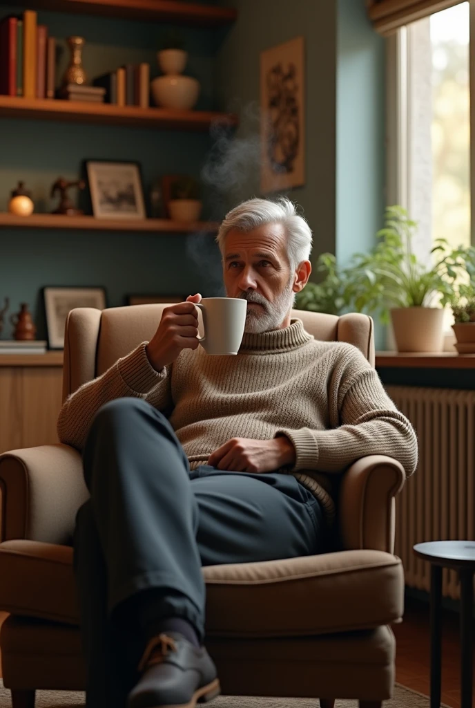 Man at home drinking coffee