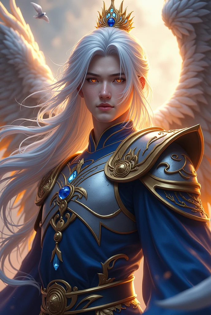Handsome young man protagonist xianxia,golden amber eyes and long silver hair, sapphire crown floating at top head,Use armour featuring like Phoenix,wings at back,ultra hd, better quality