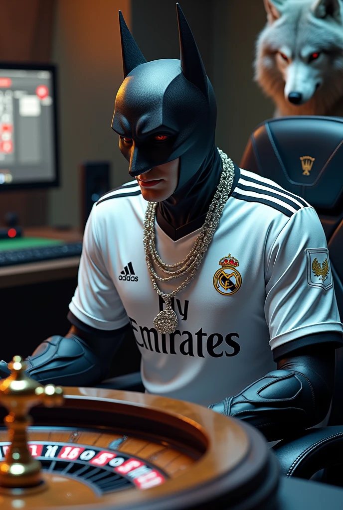 Trap with Real Madrid team shirt , diamond chain, Rolex does not pulse, with Batman's mask in a personalized gamer room with the roulette game, with a computer playing the game of roulette on top of a roulette table lots of money and gambling rules and some wolves around