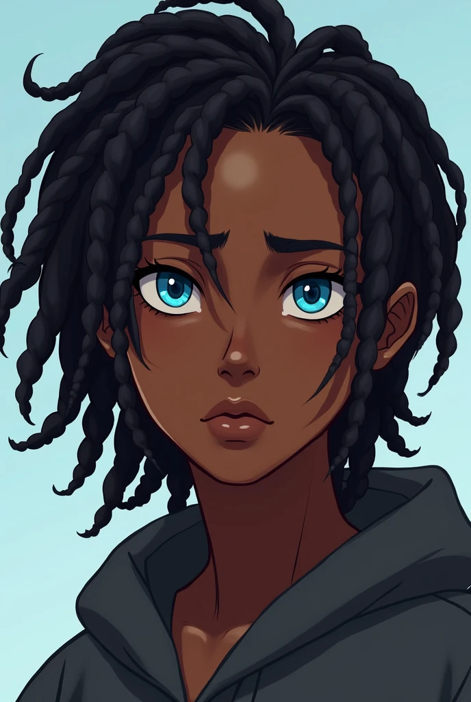 A dark-skinned young man, Medium Length Dread Hair, Blue eyes and a calm expression,  anime styling
