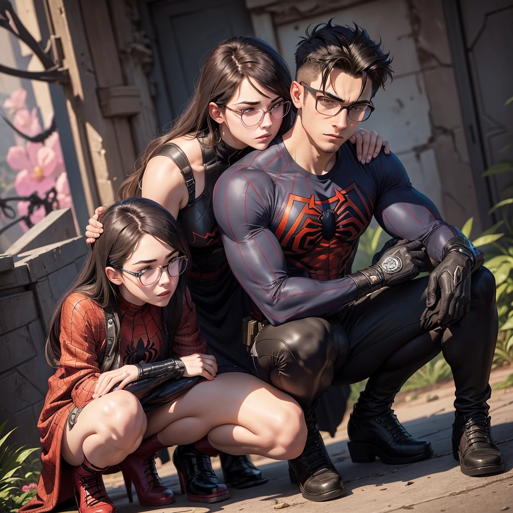 marvel art style, a 20-year-old male with dark fadeout hair and glasses, wearing spider superhero outfit, he has a big bulge , he's crouching down behind a sad female wearing floral dress. he's behind her. huggin. He's squatting down behind her