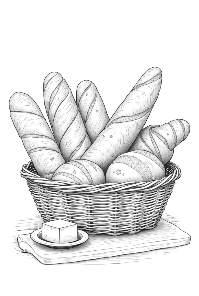 Best Quality, High resolution, masterpiece:1.2, ultra detailed, realist :1.37. , White background, monochrome, Line drawing, Sketch., Make sure the lines are clear and well defined for easy coloring.. A basket of freshly baked bread with different types of loaves and rolls, alongside a dish of butter