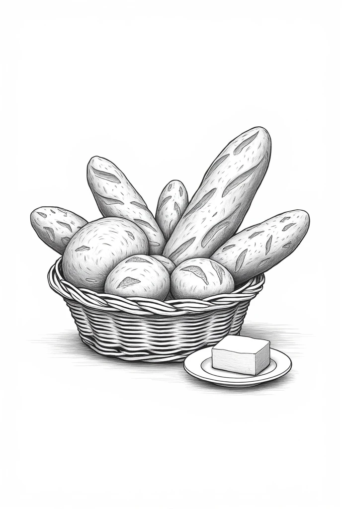 Best Quality, High resolution, masterpiece:1.2, ultra detailed, realist :1.37. , White background, monochrome, Line drawing, Sketch., Make sure the lines are clear and well defined for easy coloring.. A basket of freshly baked bread with different types of loaves and rolls, alongside a dish of butter