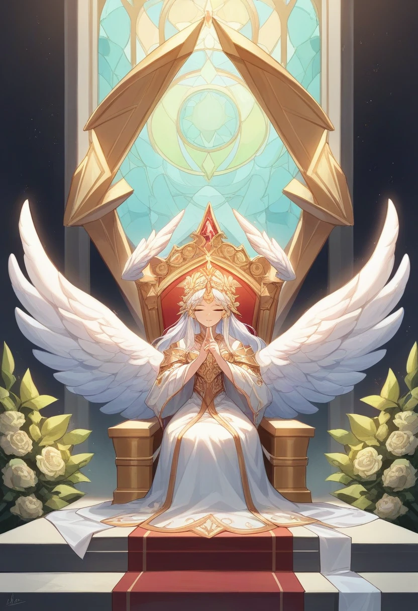 "Picture God seated on a majestic golden throne, surrounded by heavenly angels in an angelic choir, singing hymns of glory with divine light radiating all around. The setting should convey a heavenly ambiance of pure reverence and worship, with details such as golden harps, ethereal angel wings, and a soft glow emanating from the throne."