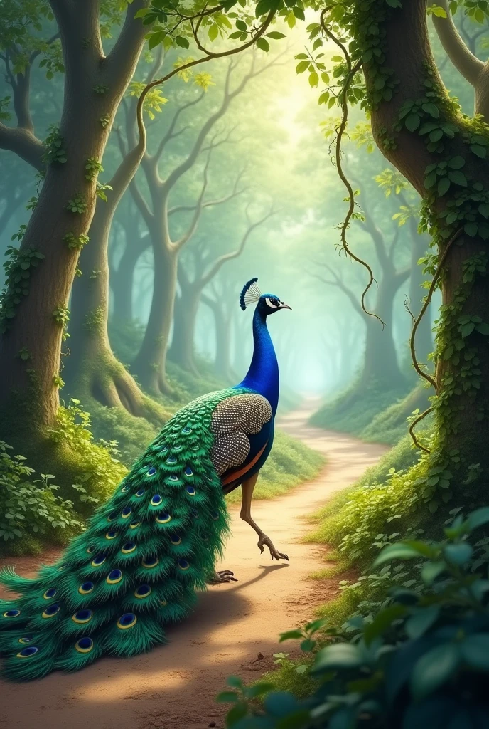 A peacock is going down a road which no one has seen before