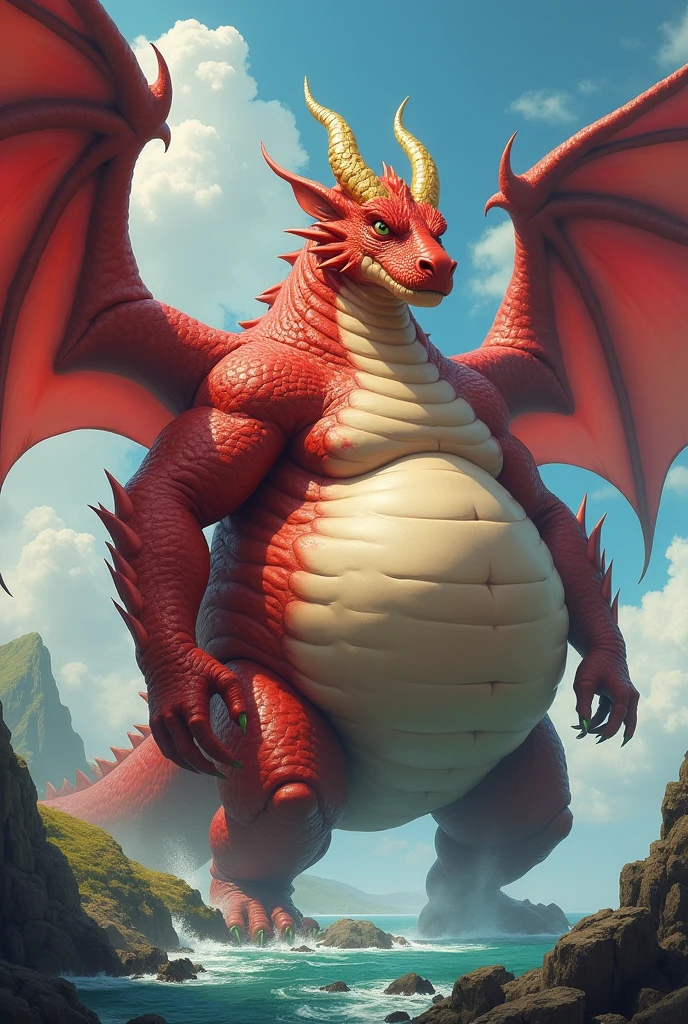 He is a red dragon and he is handsome and he has golden horns and he is the fattest dragon in the world and he is very heavy and his belly touches the ground and he is bigger than an island and fatter than a continent and he has wings and he uses various magic and he is fatter and fatter and his facial features are fatter and bigger and he uses various magic to make him fatter.!!!! The stomach swells up several times!!!
