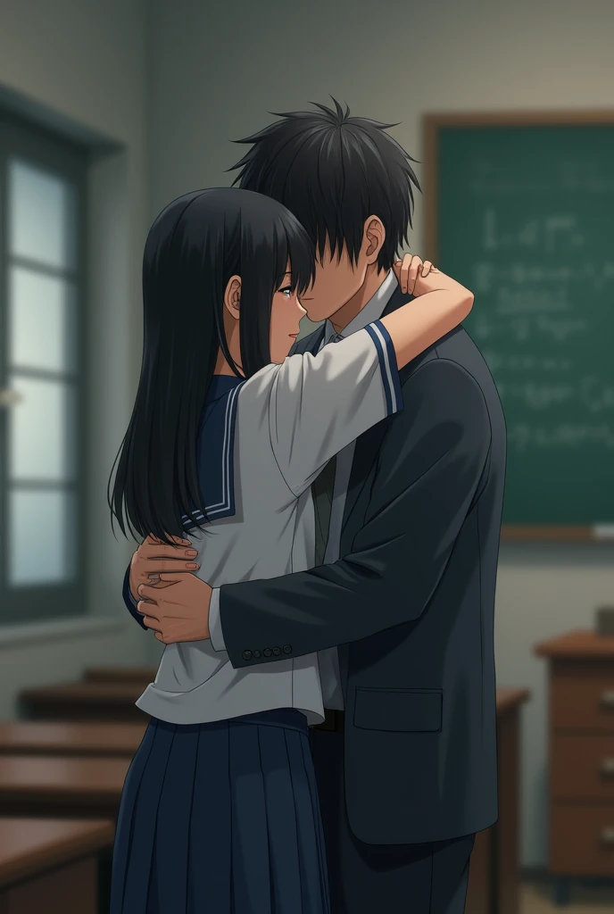 Create an image, of a girl, long straight hair, the color of black hair, in a school uniform, hugging a man