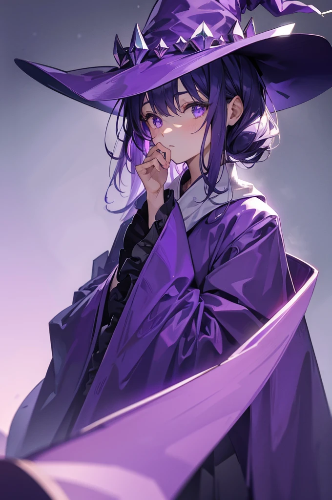 A guy with a big purple witch hat, using a purple robe. covering your face with your hat
