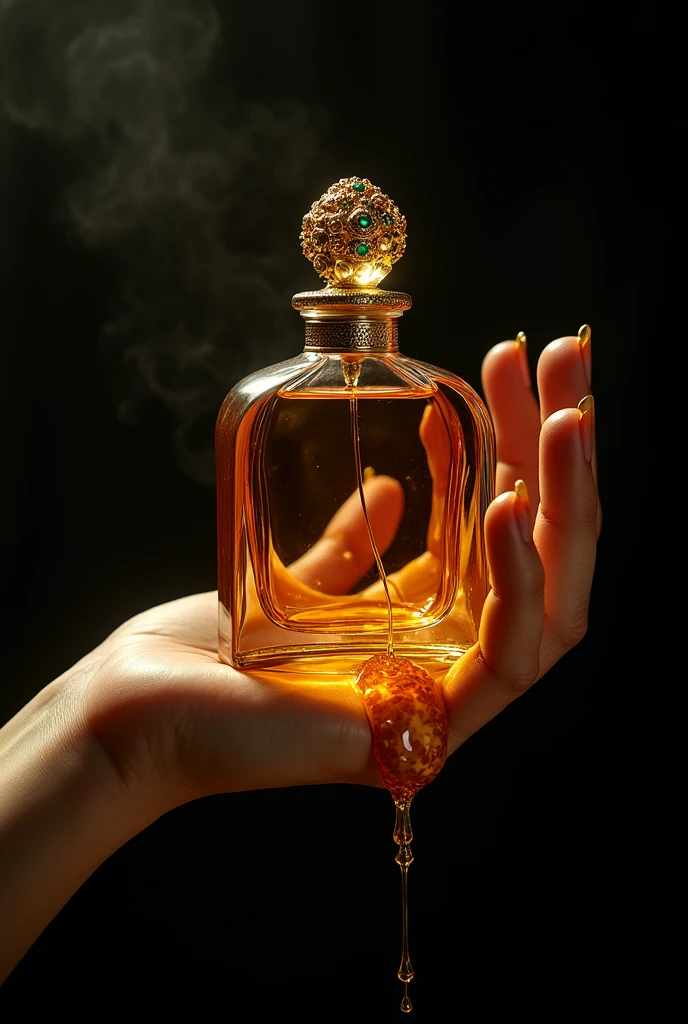 hand bathed in lots of honey holding an elegant perfume in dark tones
