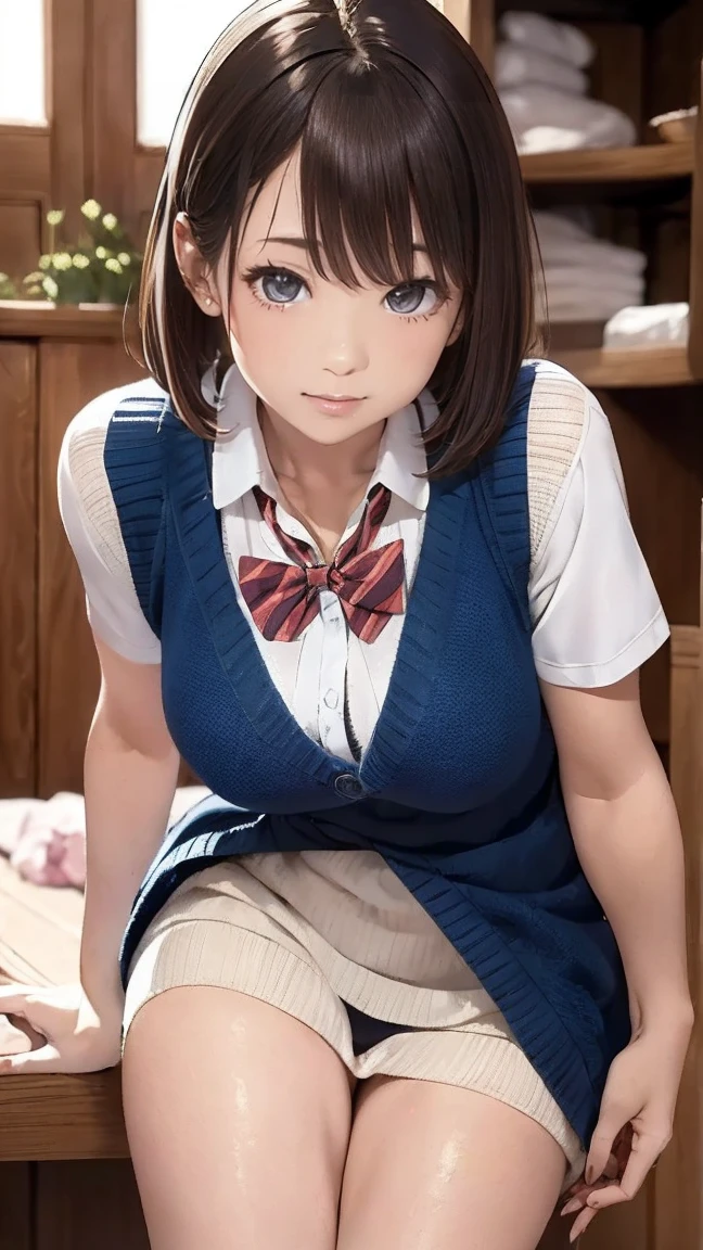 (masterpiece:1.2, Highest quality), (Realistic, Photorealistic:1.4), Beautiful illustrations, (Natural Side Lighting, Cinema Lighting), Written boundary depth, Looking at the audience, Front view, 1 person, English, high school girl, 20-year-old, Perfect Face, Symmetrical cute face, Glowing Skin, Spread your legs, (ボブヘア:1.7, ブロンド), Asymmetrical bangs, Big eyes, Droopy eyes, long eyelashes chest), thin, Beautiful Hair, Beautiful Face, Beautiful and beautiful eyes, Beautiful clavicle, Beautiful body, Beautiful thighs, Beautiful legs, Beautiful fingers, ((High quality fabric, Brown knitted vest, Short sleeve white collar shirt, ネイビーのプリーツスカート, Navy bow tie)), (Beautiful views), evening, (Inside the flower shop), Are standing, (smile, wonderful, Open your mouth), (((スカートめくり, ズボンがない, Genitals are visible))), Full Body Shot, Dark blue socks, Sexy Face,