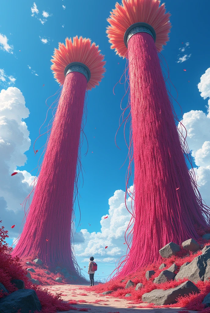 Two huge poles、It is densely covered with long colorful fibers.、Similar to Cup Brush、They are set up close together、Anime Style