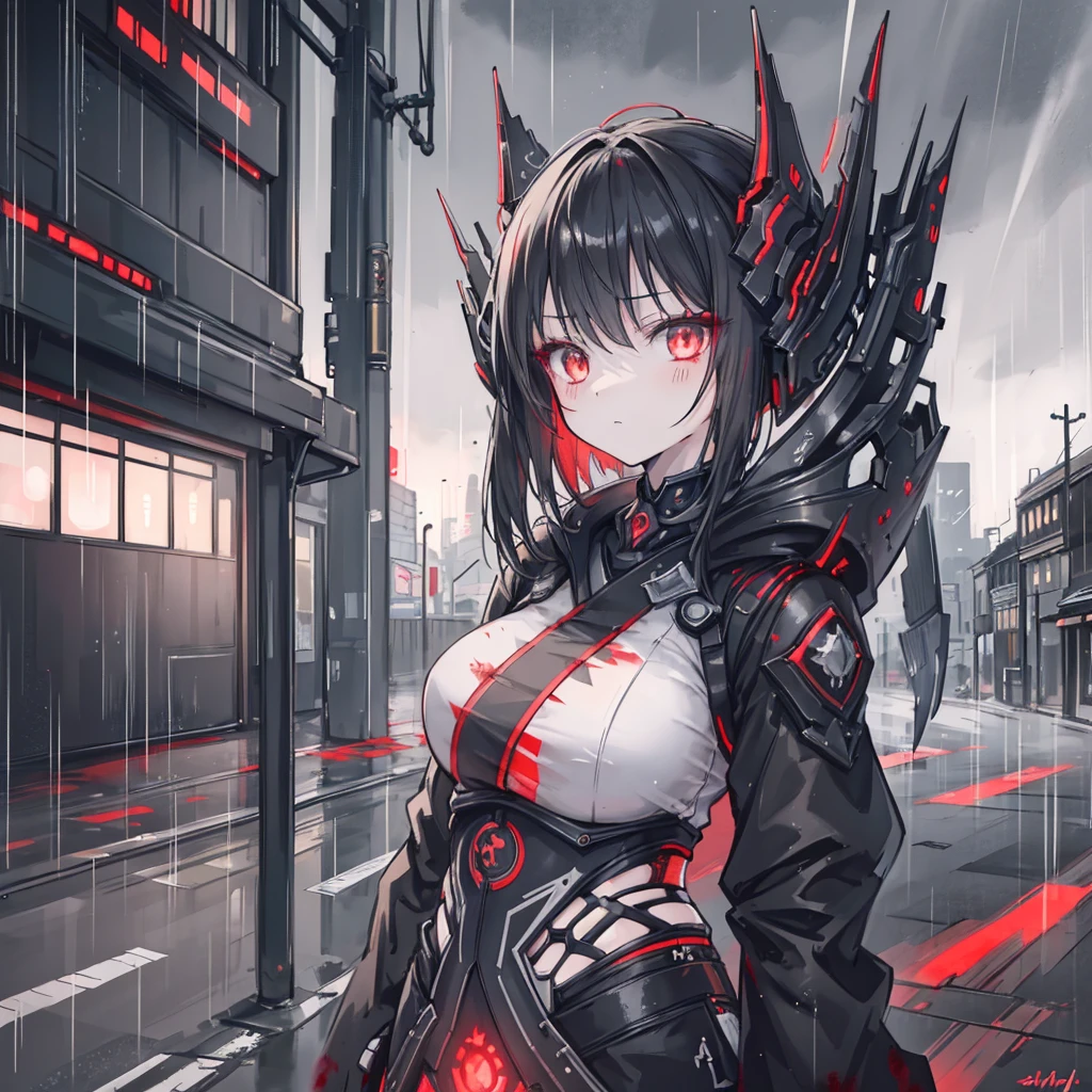 1 Japanese girl, Warframe, Complex patterns, heavy metal, Energy Line, The Faceless, Glowing eyes, elegant, intense, Blood red and black, Solitary, Modern, City, street, dark clouds, thunderstorm, Heavy rain,, Dramatic Lighting,, (masterpiece:1.2), best quality, high resolution, Exquisite and detailed, Extremely detailed, Perfect lighting,
