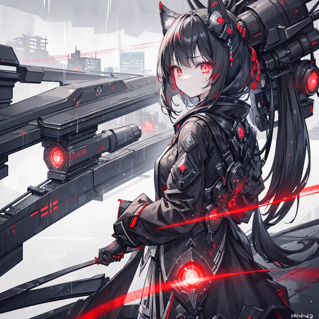 1 Japanese girl, Warframe, Complex patterns, heavy metal, Energy Line, The Faceless, Glowing eyes, elegant, intense, Blood red and black, Solitary, Modern, City, street, dark clouds, thunderstorm, Heavy rain,, Dramatic Lighting,, (masterpiece:1.2), best quality, high resolution,   Exquisite and detailed, Extremely detailed, Perfect lighting,