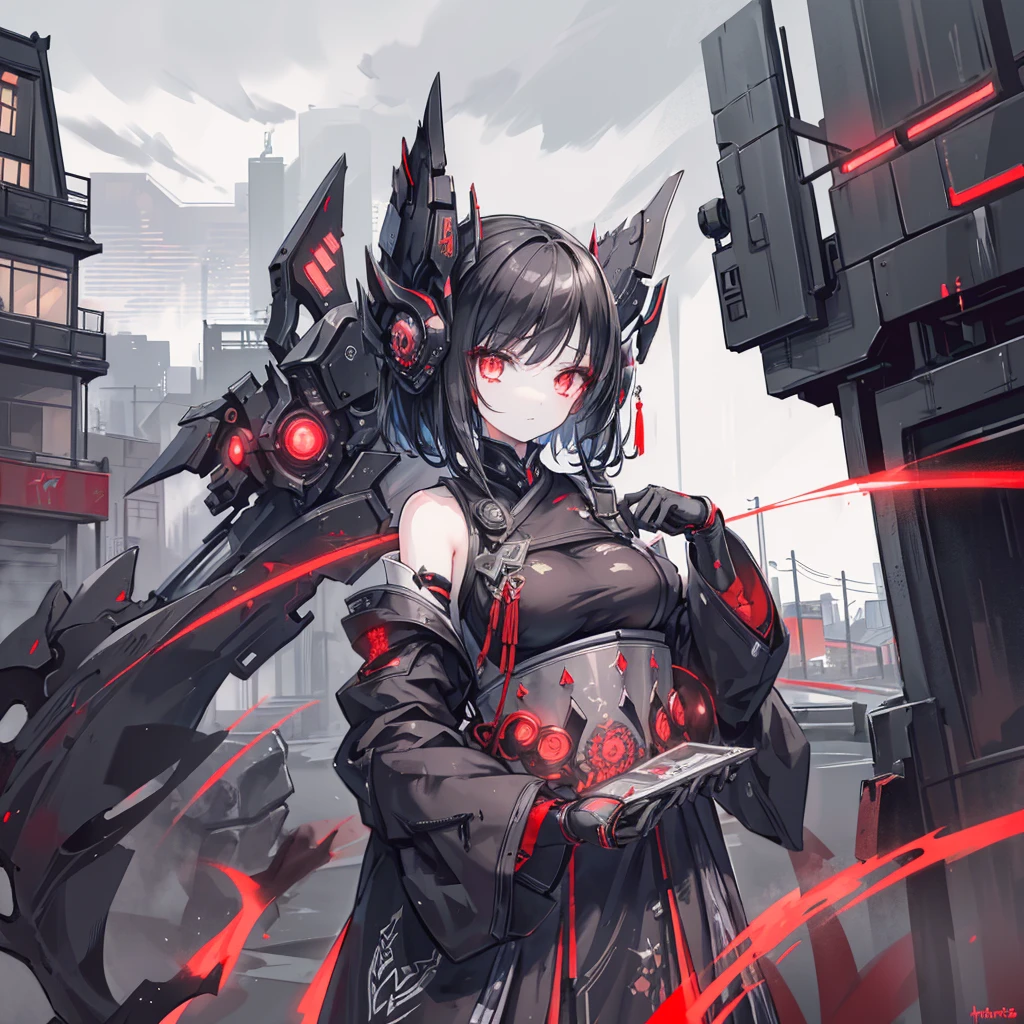 1 Japanese girl, Warframe, Complex patterns, heavy metal, Energy Line, The Faceless, Glowing eyes, elegant, intense, Blood red and black, Solitary, Modern, City, street, dark clouds, thunderstorm, Heavy rain,, Dramatic Lighting,, (masterpiece:1.2), best quality, high resolution,   Exquisite and detailed, Extremely detailed, Perfect lighting,