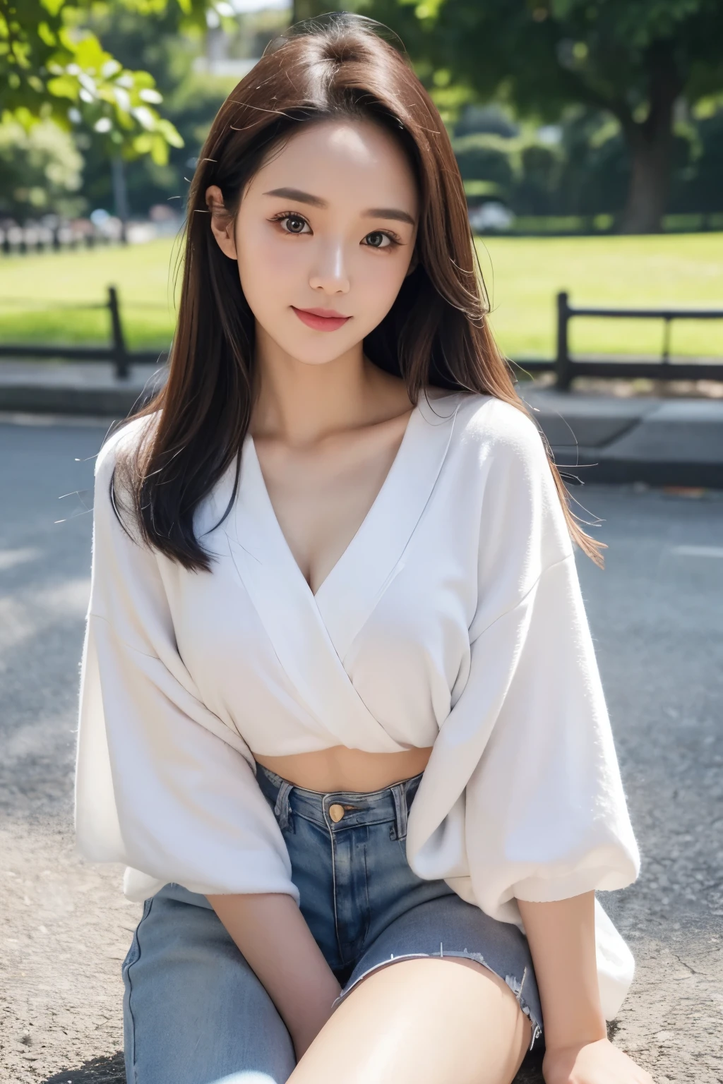 Top quality, 1 beautiful kawaii female model, Japanese, front facing, Wide forehead, Wide forehead, thin eyebrows, Gravure model's body type, Large bust, From the knee up, Asymmetrical clothing, high-quality clothing, wearing lux fashion, influencer, instagram, half smile, , smile, Photo taken by boyfriend, Morning, sunny day, in the park, in summer
