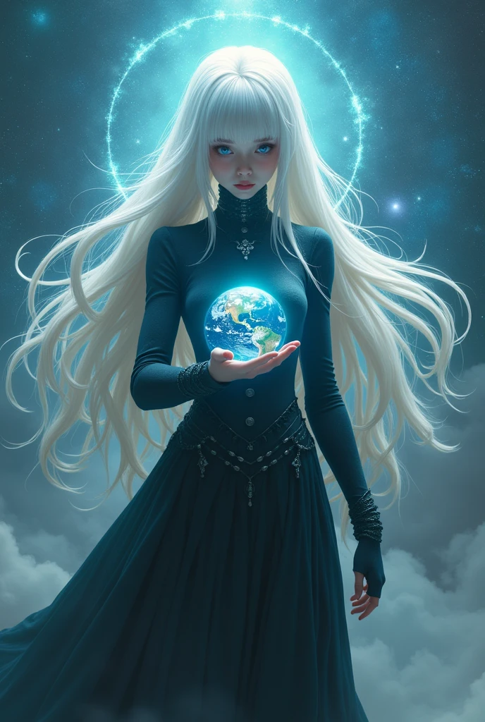 Draw a girl wearing a death outfit she is bigger than the multiverse if you compare the earth to her the earth is just a grain of sand to her she has long hair and Kim is very beautiful in her hand she is holding the earth and cherishing her face can not be seen clearly but her platinum hair is very beautiful