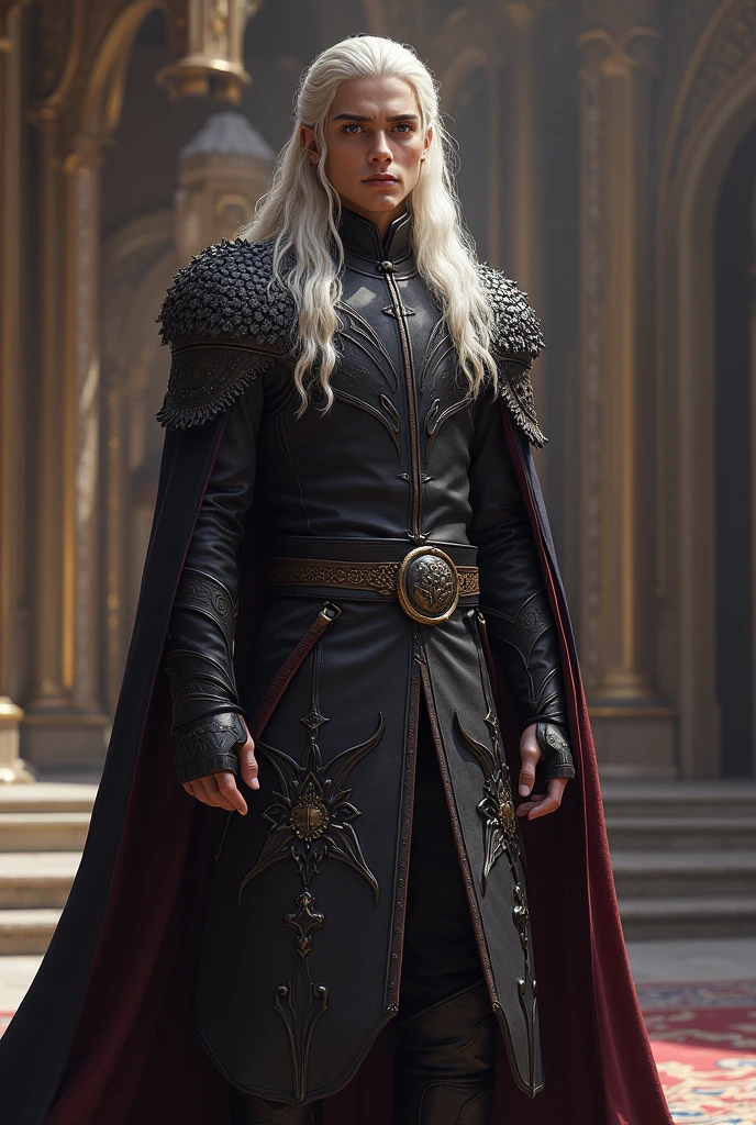 Young warrior of the Targaryen family, male with long platinum hair, no beard and violet eyes