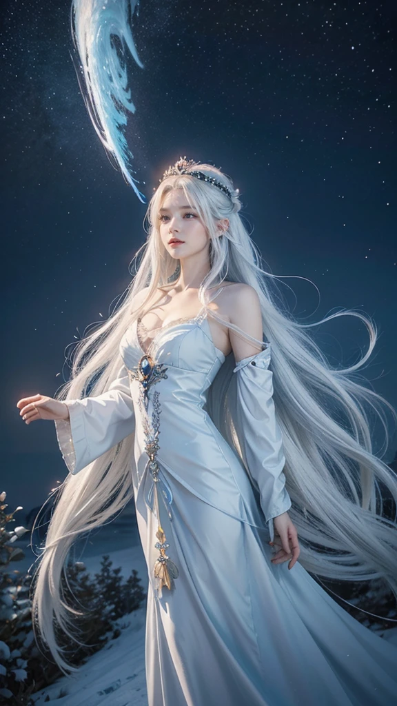 anime girl with long white hair and a blue dress in the snow, white haired deity, white hair floating in air, anime fantasy illustration, flowing white hair, beautiful young wind spirit, beautiful fantasy anime, glowing flowing hair, ethereal anime, beautiful anime artwork, beautiful digital artwork, anime fantasy artwork, ((a beautiful fantasy empress)), 2. 5 d cgi anime fantasy artwork