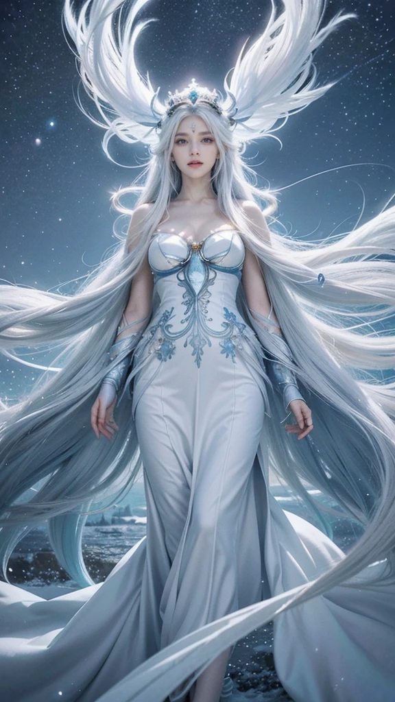 anime girl with long white hair and a blue dress in the snow, white haired deity, white hair floating in air, anime fantasy illustration, flowing white hair, beautiful young wind spirit, beautiful fantasy anime, glowing flowing hair, ethereal anime, beautiful anime artwork, beautiful digital artwork, anime fantasy artwork, ((a beautiful fantasy empress)), 2. 5 d cgi anime fantasy artwork