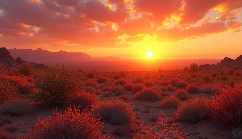 Create a scrubland landscape in the state of Arizona, USA, with a beautiful orange sun, conveying an idea of hope, with a beautiful horizon. Put lots of bushes, make it very realistic.