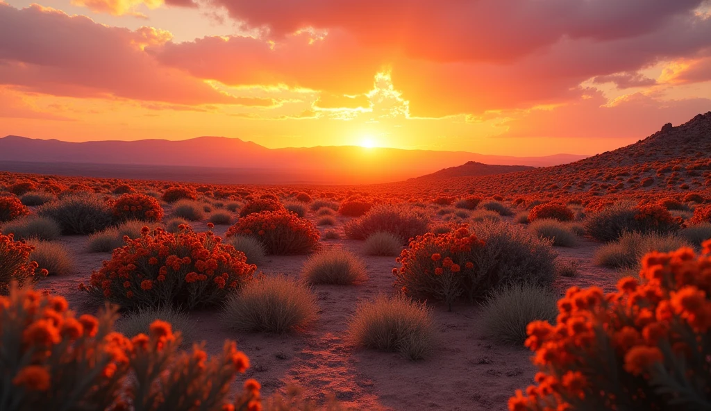 Create a scrubland landscape in the state of Arizona, USA, with a beautiful orange sun, conveying an idea of hope, with a beautiful horizon. Put lots of bushes, make it very realistic.